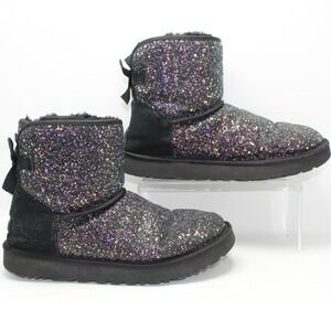 UGG Mini Bailey Bow Black Glitter Holographic Sparkle Boots Womens 1013273